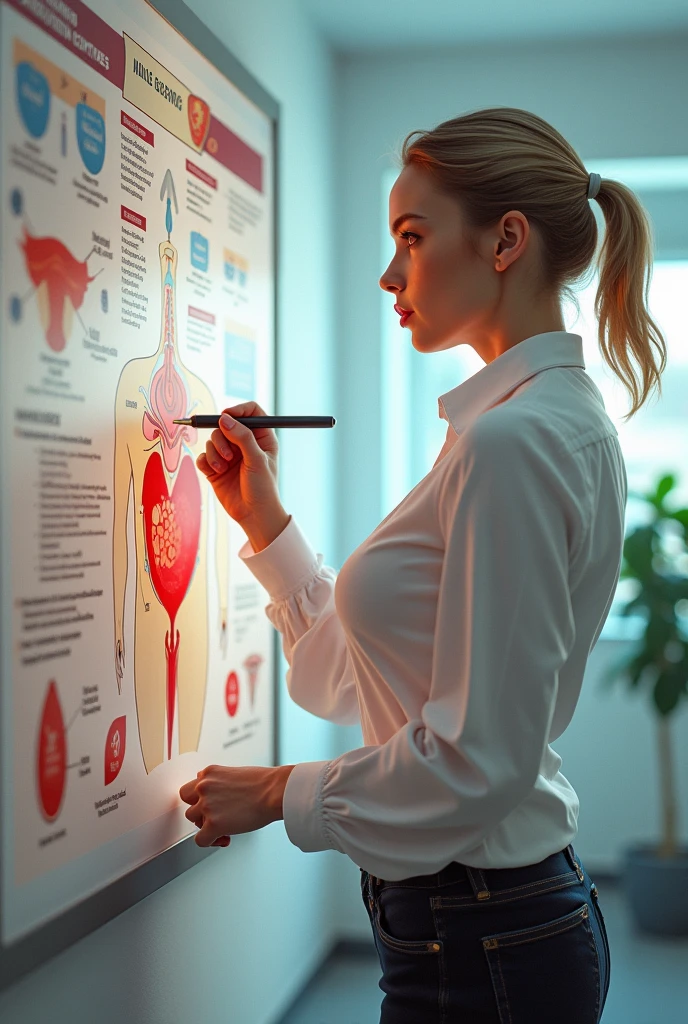 Realistic style and real women, she is Blonde with short hair, she has an hourglass figure, she has a surreal, hentai-like physique, with exaggerated curves that showcase large buttocks and voluminous breasts and she is very slim photorealiste, 

On the poster, she appears in a scientist's outfit, wearing a crisp white blouse that symbolizes professionalism and rigor. Her hair is pulled back in a neat ponytail, giving her a serious yet approachable air.
She stands next to a large informative poster, featuring detailed Male genitalia and the mechanism of male genital erection and illustrations of sperm and its production. Colorful graphics and clear diagrams show the different stages of spermatogenesis, making the subject understandable to all.
Her expression is engaging, and she points with a pen or laser pointer to key elements of the poster, while explaining the processes in a concise and educational way. The text is written in simple language, designed to inform and capture the audience's attention.
The poster's background is bright and attractive, with eye-catching graphic elements that underline the importance of the theme. The overall composition conveys an image that is both instructive and captivating, while at the same time emphasizing its expertise as a scientist.