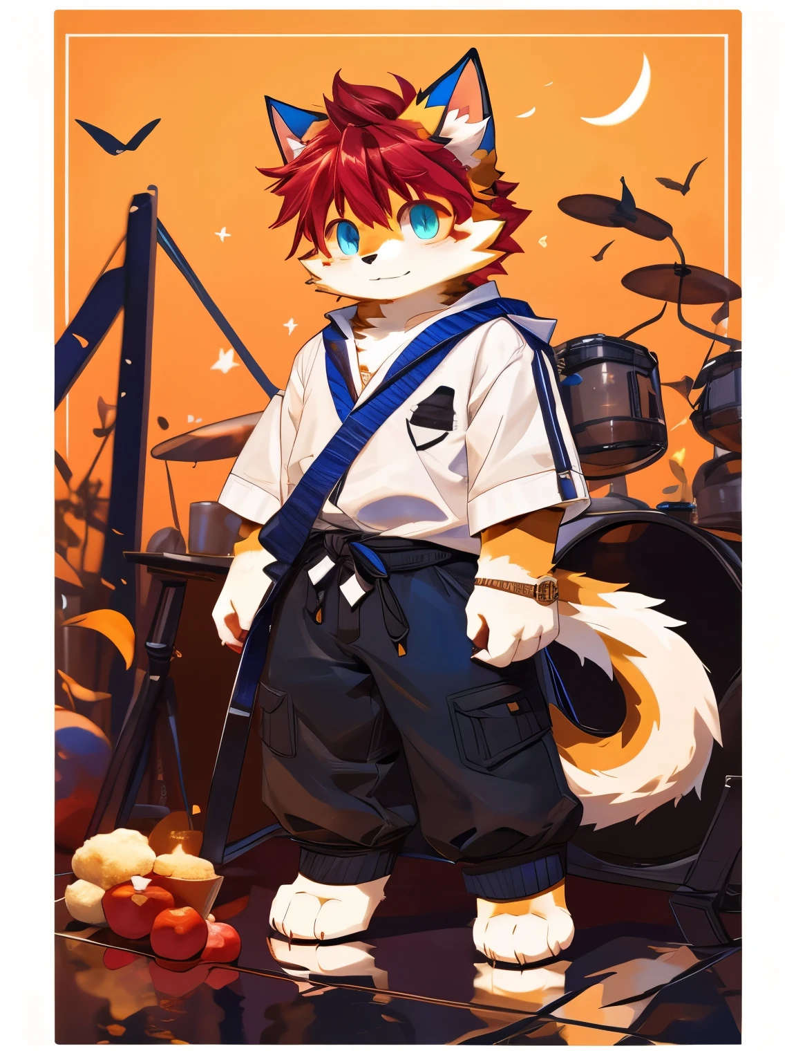 nj5furry，kemono，full-length portrait，anthro，hi res，male，Red hair，Cat，White pajamas，strong，Fluffy hair，Plush paw，A tail，Delicate eyes，Detailed eyes