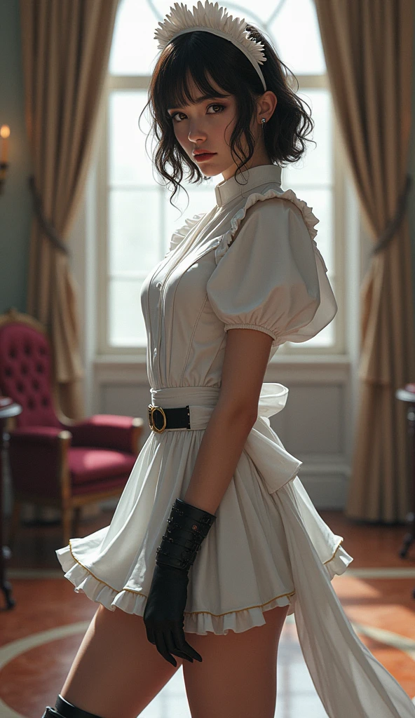 Super Realistic illustration of Battle Maid, full body, maid costume, white maid headband, thigh, black gloves, army boots, She is a maid who takes care of the personal needs of important people who are requested to serve, a bodyguard who has received special training to protect important people from violent threats from outside, and sometimes a companion for important people at night.