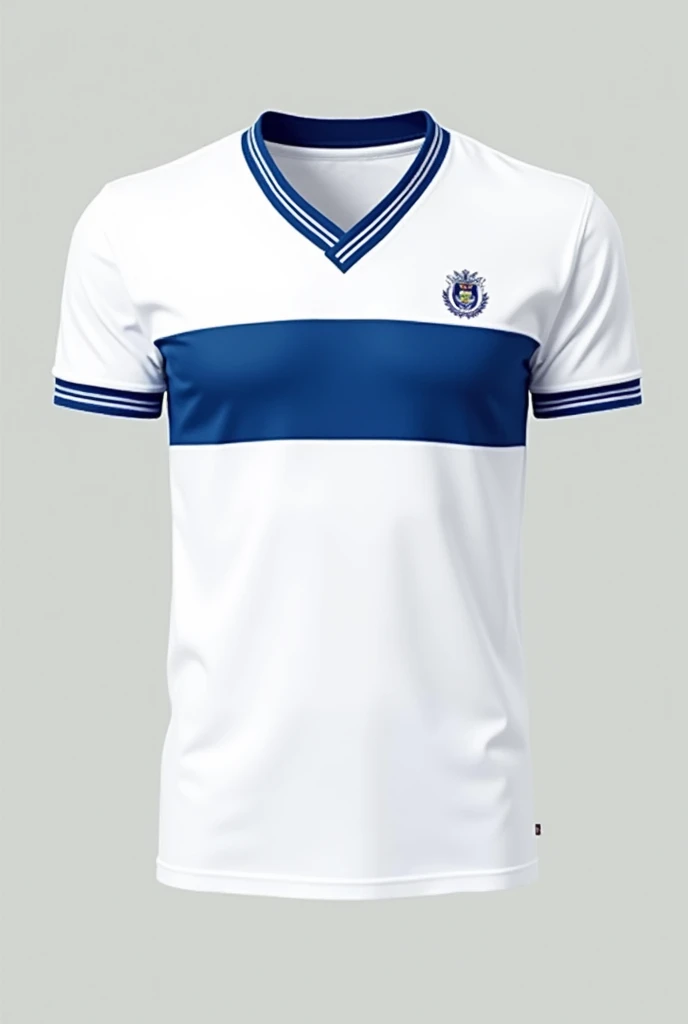 A white short-sleeved school shirt with a blue stripe and a crest above in the middle horizontally, with sleeves with blue borders matching the center stripe and a V-neck also with blue stripes