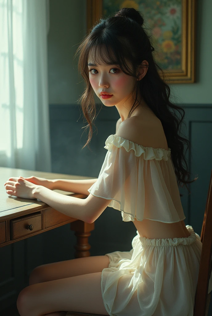 Surreal、Beautiful Woman、See-through tights、He is looking back at me with his hands on the table、skirt、Blushed cheeks
