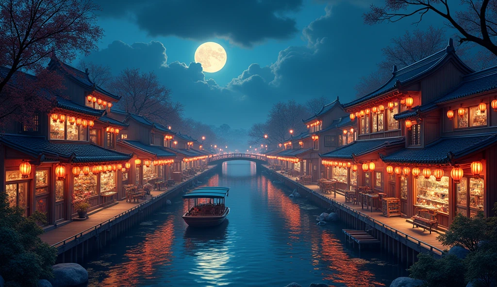 masterpiece, top-quality, depth of fields, high details, 8K, anime a night scene of china town, lots of shop outlets, chinese lanterns, detailed background, high angle view, beside a river, a wooden boat, a bridge, moon