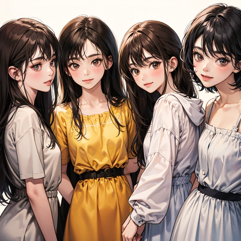 Four girls, black hair, long hair, shill, bob, smile, Stationary face,Light blush on the cheeks, brown eyes, simple background, high resolution, brown hair, stand in a line.,