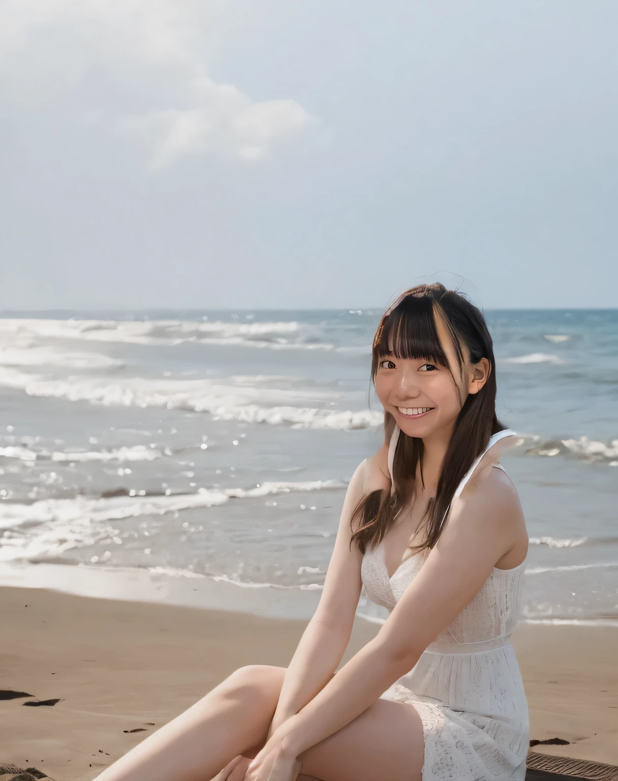 Highest quality,Super detailed,A single woman sitting on the beach of Enoshima coast, looking up at this direction.,Posing for a photo,Distant scenery is blurry,Illuminated by sunlight