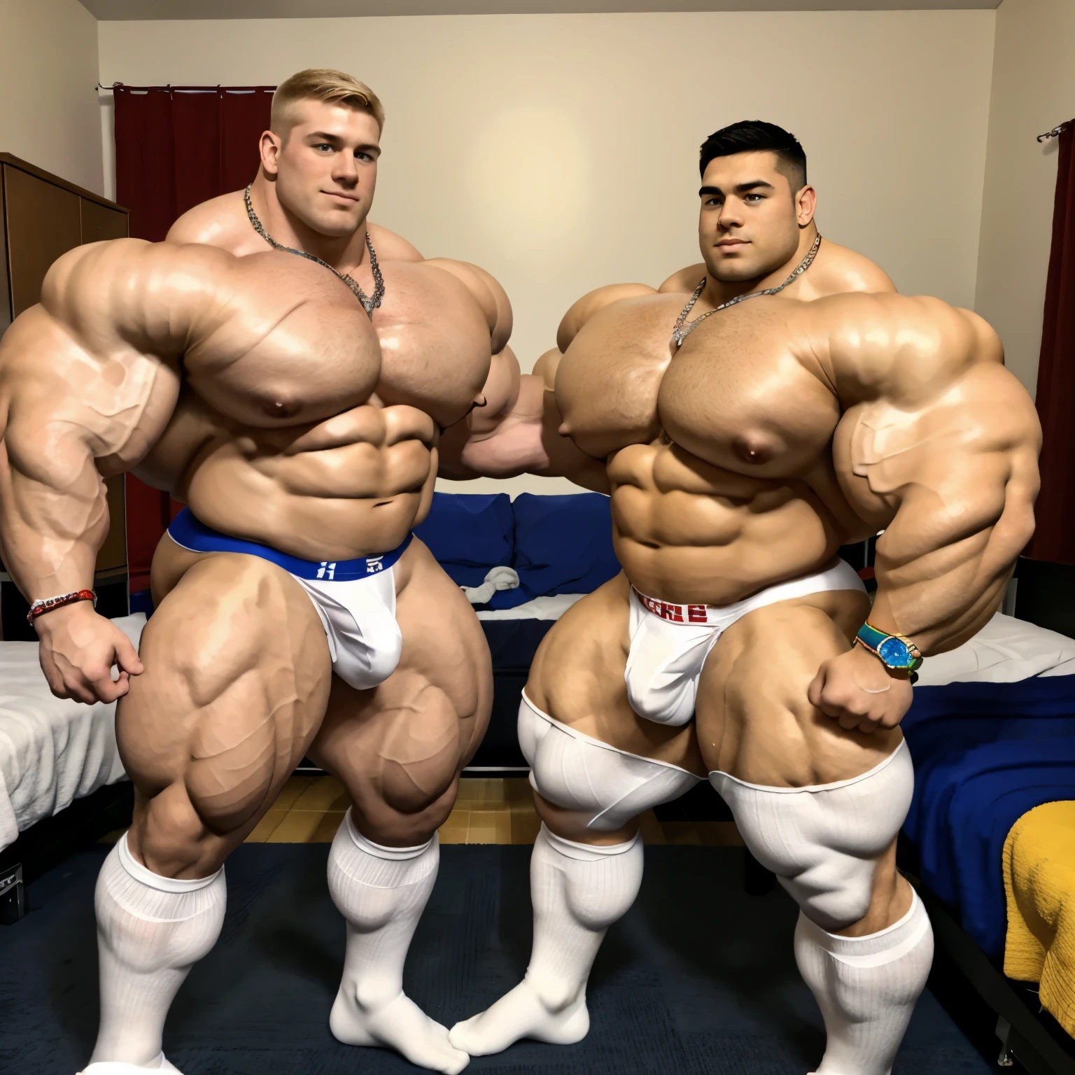 full body view, Two 18 yo white european aged bodybuilders flexing their biceps in a front double biceps pose. Shirtless wearing white underwear and white socks, no shoes. In a dorm room. Handsome. One blonde, one brunett. Wide muscled shoulders. Thick pumped pecs. Huge extremely over-sized big bulbous biceps.dozens of golden glittering necklaces, rings, and bracelets Admiring each others enormous muscles and feeling. White lycra nylon socks must be seen