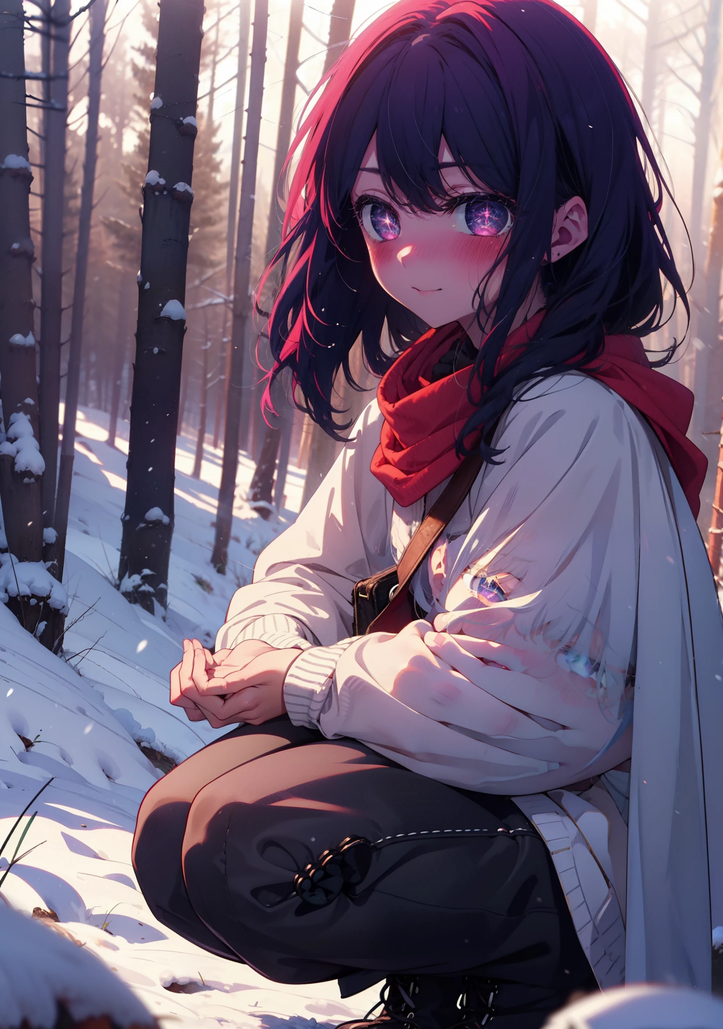aihoshino, Ai Hoshino, Long Hair, bangs, (Purple eyes:1.1), Purple Hair, (Symbol-shaped pupil:1.5), smile,,smile,blush,white breath,
Open your mouth,snow,Ground bonfire, Outdoor, boots, snowing, From the side, wood, suitcase, Cape, Blurred, , forest, White handbag, nature,  Squat, Mouth closed, Cape, winter, Written boundary depth, Black shoes, red Cape break looking at viewer, Upper Body, whole body, break Outdoor, forest, nature, break (masterpiece:1.2), Highest quality, High resolution, unity 8k wallpaper, (shape:0.8), (Beautiful and beautiful eyes:1.6), Highly detailed face, Perfect lighting, Extremely detailed CG, (Perfect hands, Perfect ???????),