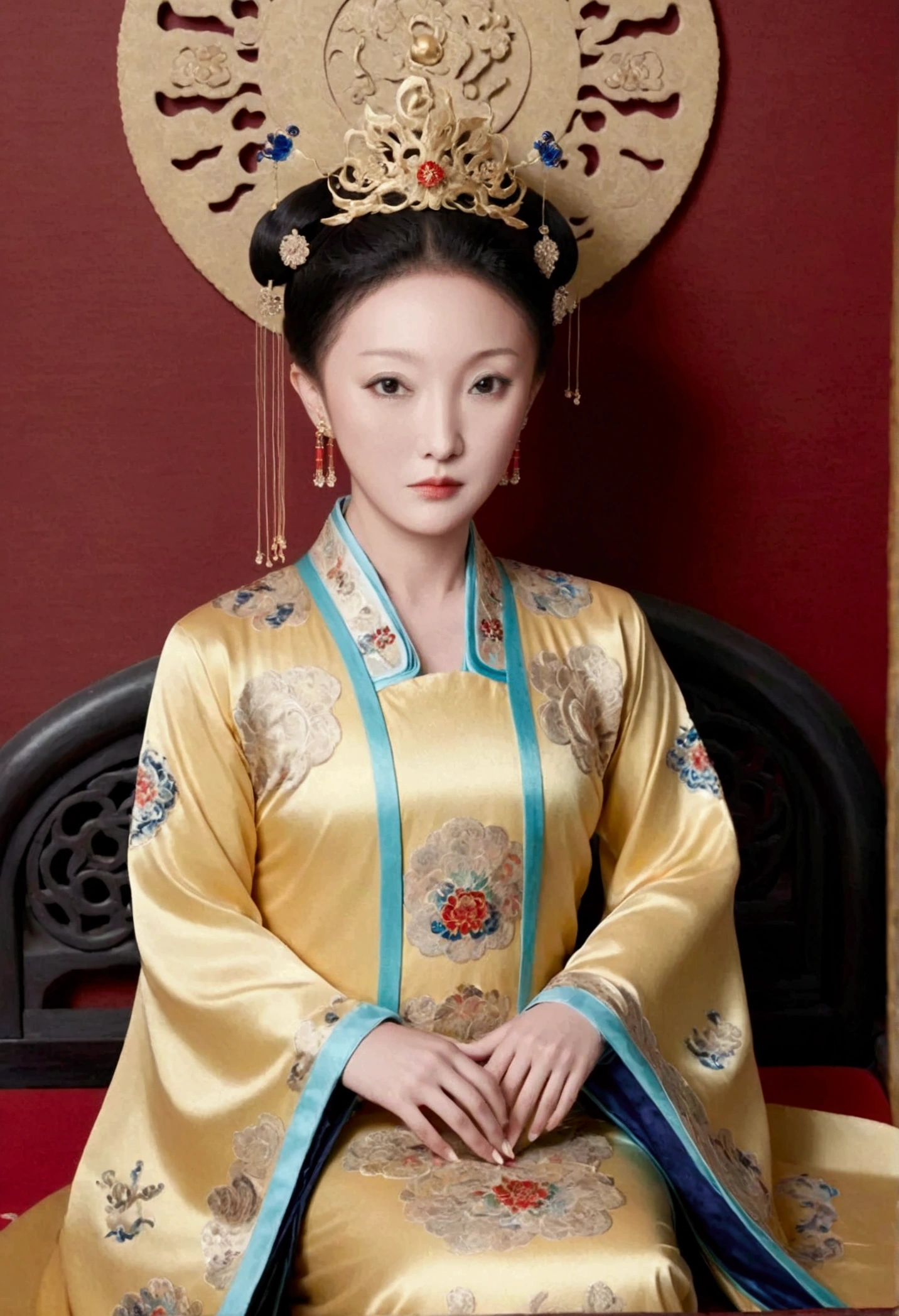A gorgeous empress from the Chinese imperial court during the Qing Dynasty, fully naked on a large golden sofa, spreading one's legs open wide with knees bent,creating the shape of the letter M(Porn Pose) A gorgeous Chinese imperial empress with her hair tied on both sides and wearing a crown、Background of kinky and erotic woman tying her hair、The story is set in the luxurious rooms of an empress in the Chinese imperial court during the Qing dynasty.。