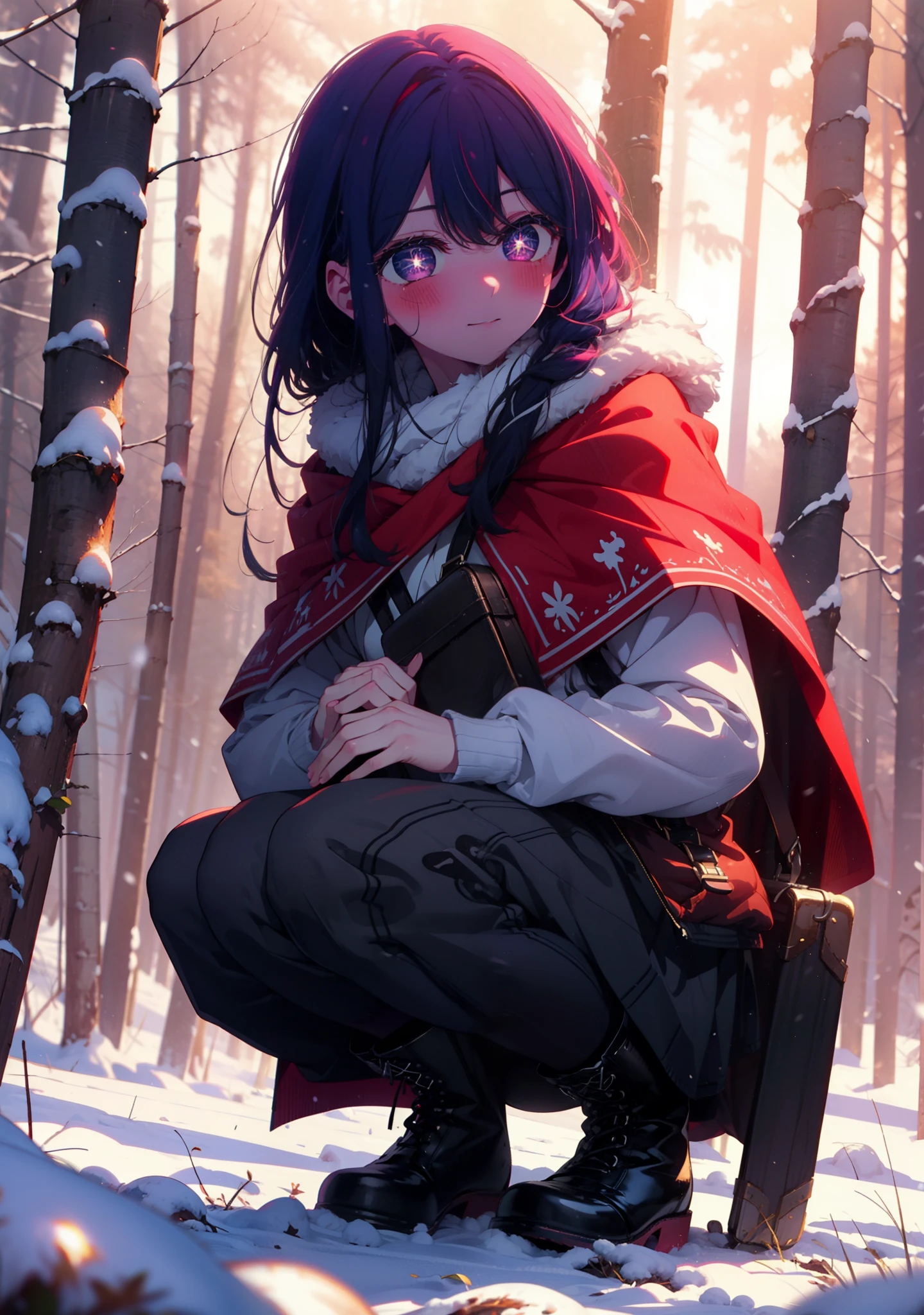 aihoshino, Ai Hoshino, Long Hair, bangs, (Purple eyes:1.1), Purple Hair, (Symbol-shaped pupil:1.5), smile,,smile,blush,white breath,
Open your mouth,snow,Ground bonfire, Outdoor, boots, snowing, From the side, wood, suitcase, Cape, Blurred, , forest, White handbag, nature, Squat, Mouth closed, Cape, winter, Written boundary depth, Black shoes, red Cape break looking at viewer, Upper Body, whole body, break Outdoor, forest, nature, break (masterpiece:1.2), Highest quality, High resolution, unity 8k wallpaper, (shape:0.8), (Beautiful and beautiful eyes:1.6), Highly detailed face, Perfect lighting, Extremely detailed CG, (Perfect hands, Perfect Anatomy),