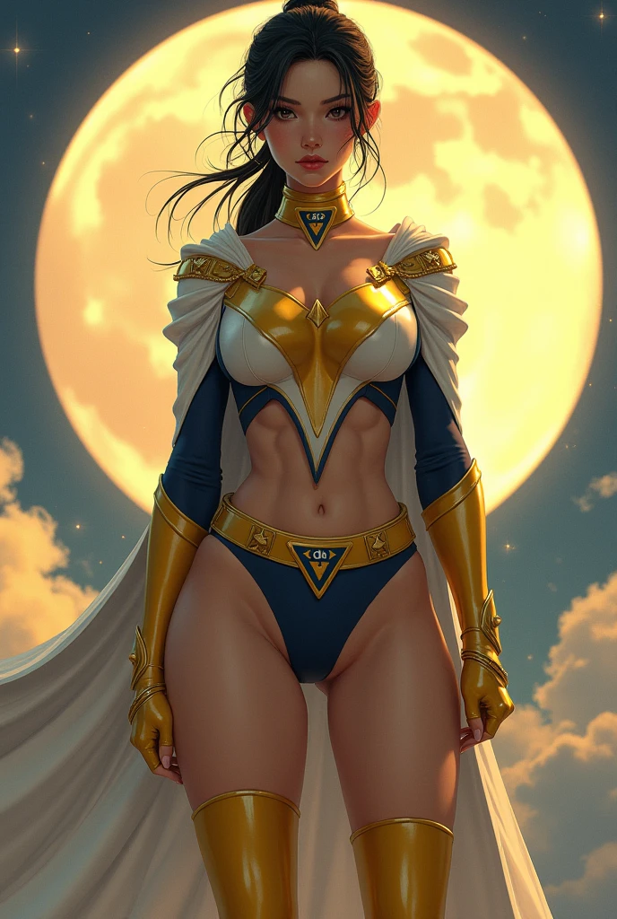 Female, age 25-30, japanese, dark hair, low ponytail, tanned skin, muscle, curvy, full body shot, costume: golden domino mask, gold choker, white cape, spandex, sleeveless white suit with navy sides, up side down yellow triangle symbol, belly cutout, yellow undies, thighs out, white thigh-high socks, yellow boots, yellow fingerless gloves, white shooter sleeves, metal accents, moon background