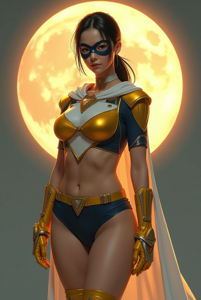 Female, age 25-30, japanese, dark hair, low ponytail, tanned, muscle, full body, costume:  golden domino mask, gold choker, white cape, sleeveless white suit with navy sides, up side down yellow triangle symbol, belly cutout, yellow undies, thighs out, white thigh-high socks, yellow boots, yellow fingerless gloves, white shooter sleeves, metallic accents, moon background
