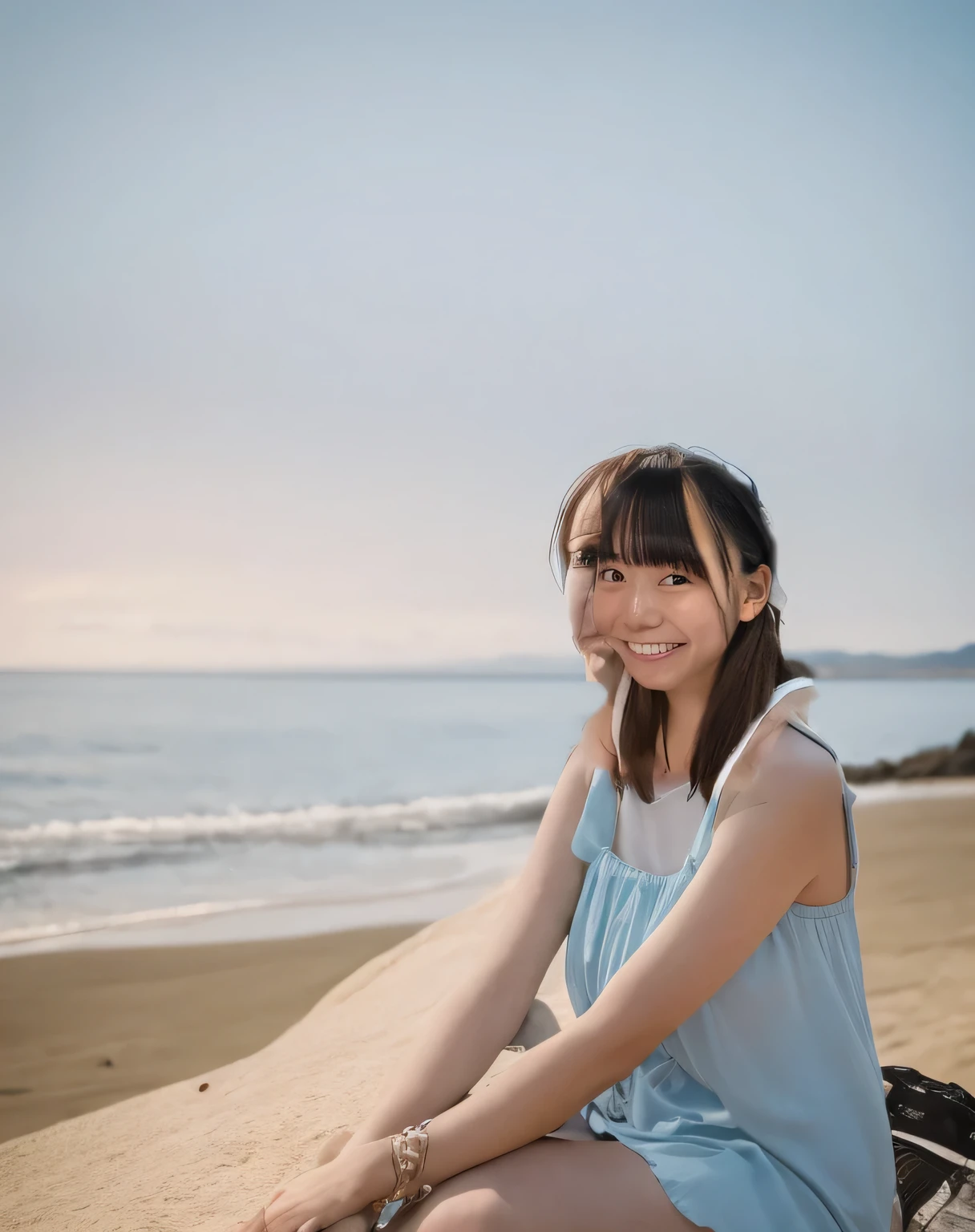 Highest quality,Super detailed,A single woman sitting on the beach of Enoshima coast, looking up at this direction.,Posing for a photo,Distant scenery is blurry,Illuminated by sunlight