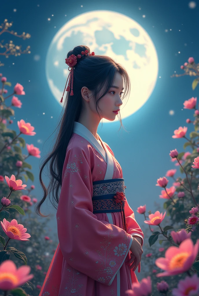 best quality, High target_solve, clearly_image, Detailed background ,girl, Hanbok,flower,flower园,moon, night,