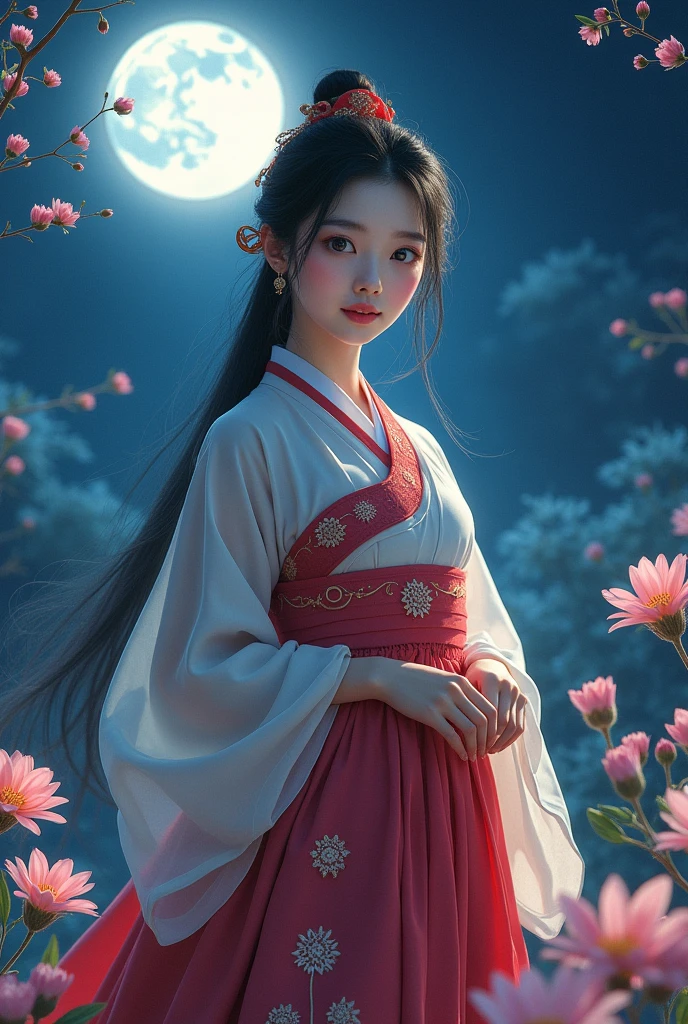 best quality, High target_solve, clearly_image, Detailed background ,girl, Hanbok,flower,flower园,moon, night,
