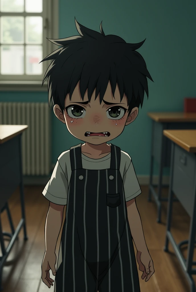 ((Weak boy alone:1.3)),(whole body),(Chagrined:1.3,constricted pupils:1.4),flat ass,가슴,embarrased,tears:1.3,show your teeth,tearsdrop,highest quallity, high resolution,short messy men&#39;s hair,(raise,black one piece dress with white stripes on the edge),face detailed,oily skin with shine,in the classroom,lora:ppfs:0.6,moments before the rape,