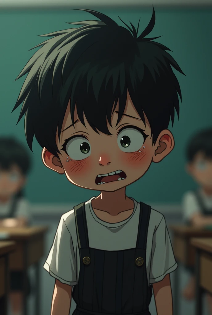 ((Solo weak boy:1.3)),(fullbody),(disappointed:1.3,constricted pupils:1.4),flat,chest,embarrassed,tears:1.3,show teeth,tearsdrop,Highest quality, High resolution,very short cut mens messy hair,(lift up,one-piece black White border stripe dress),Detailed face,oily shine skin,in the classroom,lora:ppfs:0.6,just before rape,
