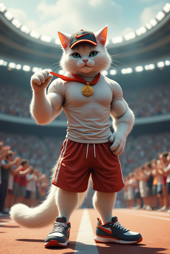 bodybuilder white cat.tshirt.cap shoes is completely confident and determined, after winning in the court with the medal in hand showing everyone standing by him.
