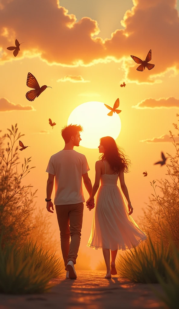 young couple, walking, holding hands, clear sky, sunset, birds, butterflies, beautiful detailed eyes, beautiful detailed lips, extremely detailed eyes and face, long eyelashes, wind, top view, full body, (best quality, 4k, 8k, High Resolution, Masterpiece: 1.2), Ultra-Detailed, (Realistic, Photo-Realistic, Photo-Realistic: 1.37), HDR, UHD, Studio Lighting, Ultra-Fine Painting, Sharp Focus, Physically Based Rendering, Description extreme detail, professional, vivid color, portraits, photography, masterpiece, high resolution scan, (photography: Canon 5D, 50mm Zeiss lens), ultra HD, HDR, grade, (professional color grading), focus sharp, natural lighting, ((intricate details)), (reality: 1.4), (very detailed), light, super detail, 8k, best quality, 8k, best quality, Awards, high resolution, Textured Skin, Anatomically correct , ultra HD, accurate