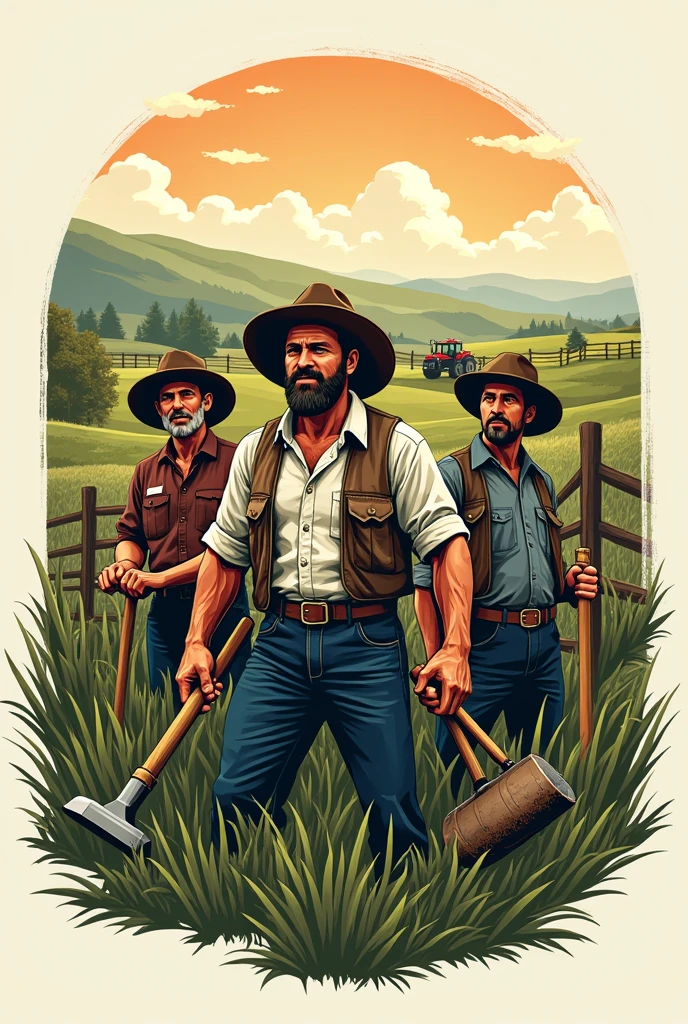 Create a logo for my company that captures the idea of tools, men, fencing and other things used in the agricultural sector.