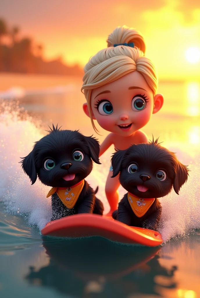 cute adorable 2 black shih tzu puppies, cute blonde girl, extremely detailed, big blue eyes, wearing colorful collar and bandana, water skiing, 3D Pixar style, at beach, sunset in background photorealistic, (best quality,8k,highres,masterpiece:1.2),ultra-detailed,(realistic:1.37),HDR,vivid colors,studio lighting