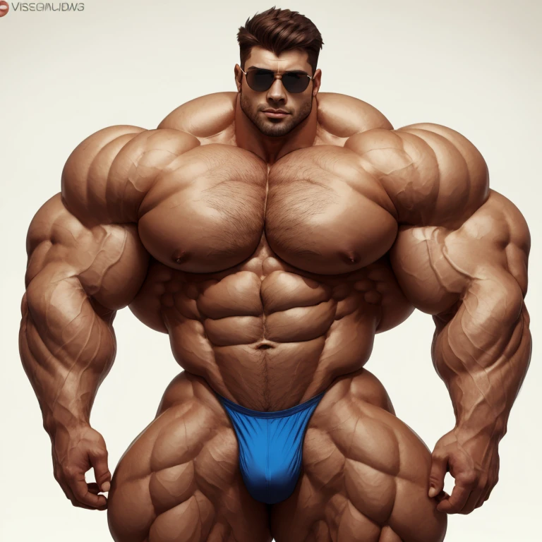 brutalmass, Bulge, vpl, a very handsome young man, sunglasses, shirtless, exaggeratedly muscular, on a white background