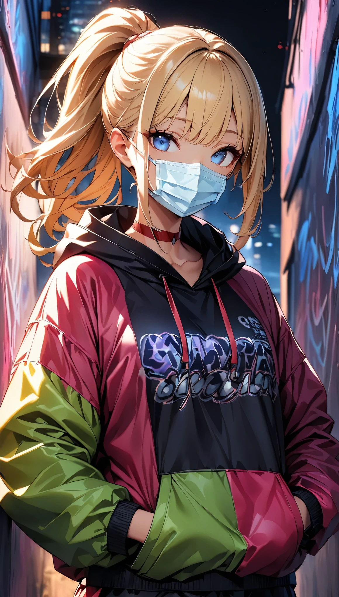 (Highest quality:1.2, Very detailed, up to date, Vibrant, Ultra-high resolution, High Contrast, masterpiece:1.2, Highest quality, Best aesthetics), (((1 person))), Blonde girl, blue eyes, ponytail, at night, surgical maskの着用, (surgical mask:1.2), Colorful hoodies, Black oversized cargo pants, Red choker, 壁一面を埋め尽くしているgraffiti, Posing in front of a wall, crazy smile, Dark Theme, Neon Light, graffiti, at night, city, Dim lighting, mysterious, Glowing Skin, Random Pause:1.2, Perfect Fingers, Five Fingers, Anatomically correct, Background Blur.