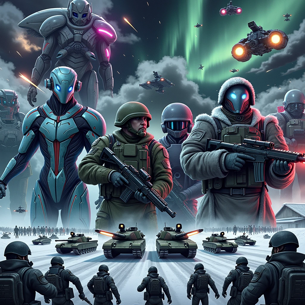 A dramatic illustration portraying an epic battle in a snowy landscape. On one side, futuristic-looking beings from another planet with varying colors and abstract shapes, armed with advanced laser weapons and hovering vehicles. The other side is represented by a group of soldiers in heavy winter camouflage gear, determined faces visible through their visors, armed with tanks and artillery. Their emblems hint at their Russian origin without explicitly stating it. Dark stormy clouds loom overhead, hinting at the ferocity of the battle while the aurora borealis subtly glows on the horizon.