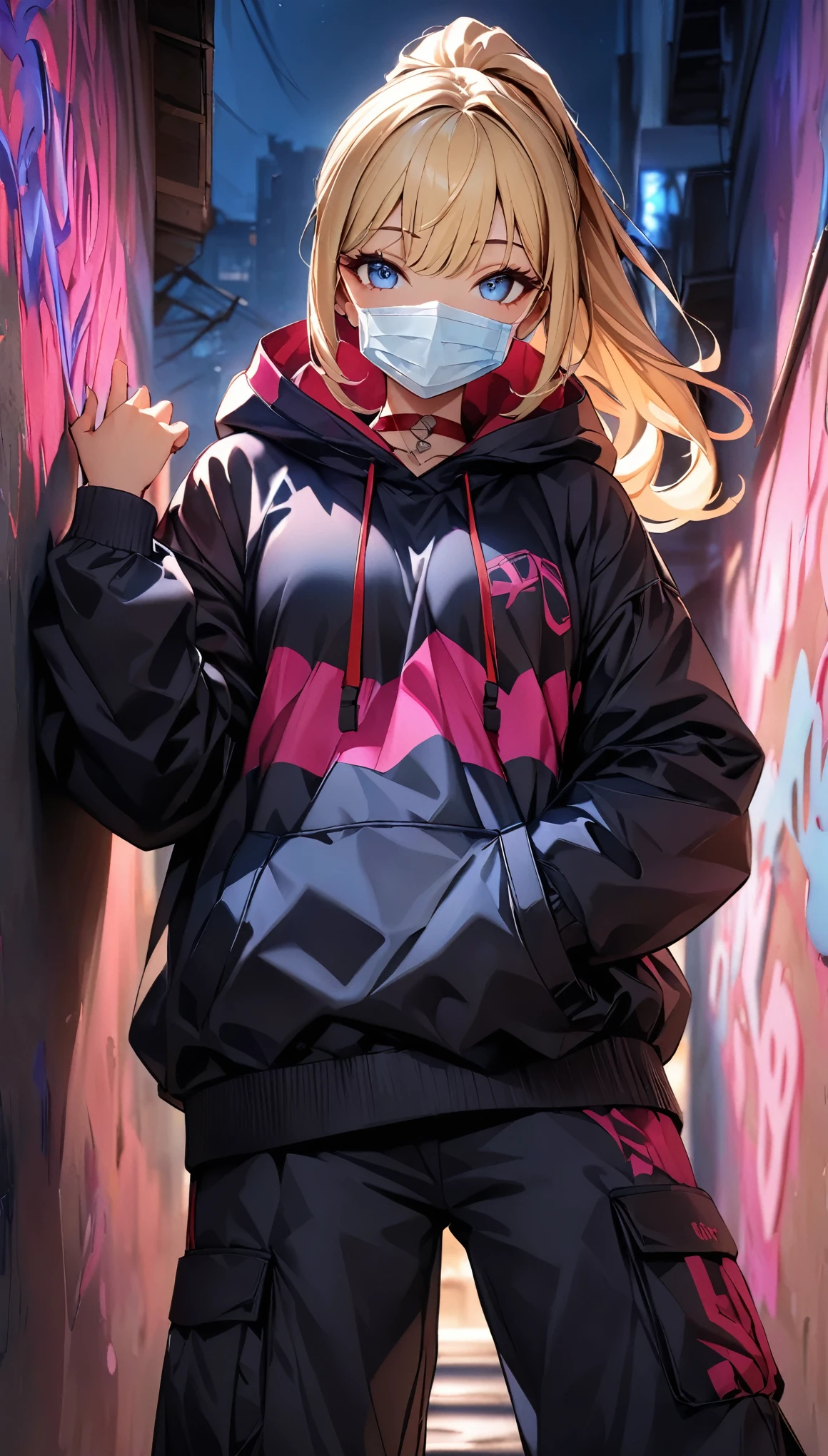 (Highest quality:1.2, Very detailed, up to date, Vibrant, Ultra-high resolution, High Contrast, masterpiece:1.2, Highest quality, Best aesthetics), (((1 person))), Blonde girl, blue eyes, ponytail, at night, surgical maskの着用, (surgical mask:1.2), Colorful hoodies, Black oversized cargo pants, Red choker, 壁一面を埋め尽くしているgraffiti, Posing in front of a wall, crazy smile, Dark Theme, Neon Light, graffiti, at night, city, Dim lighting, mysterious, Glowing Skin, Random Pause:1.2, Perfect Fingers, Five Fingers, Anatomically correct, Background Blur.
