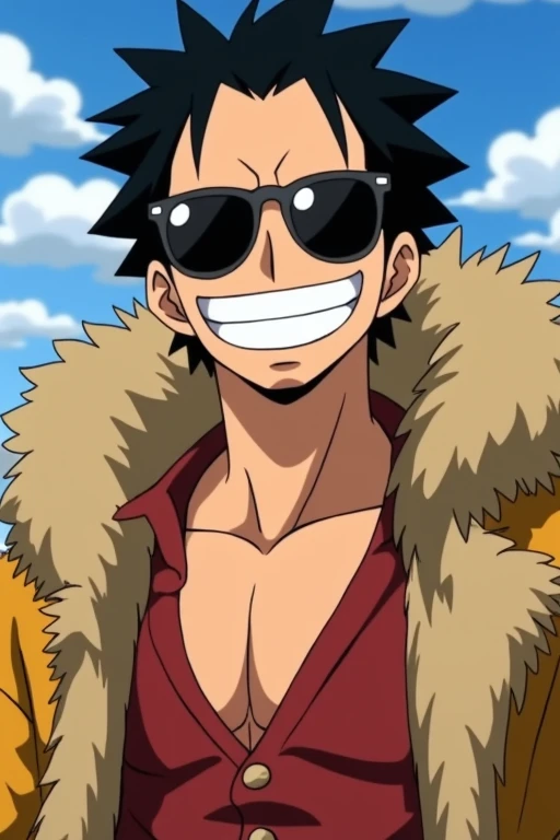 anime character with sunglasses and a fur coat with a smile, from one piece, afrofuturism anime, dandy from space dandy anime, screenshot from guro anime, in the anime film, nicholas cage as monkey d luffy, gyro zeppeli, eiichiro oda style, jotaro kujo, screenshot from the anime film, screenshot from black clover, in a anime masterpiece