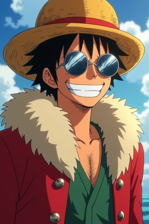 anime character with sunglasses and a fur coat with a smile, from one piece, afrofuturism anime, dandy from space dandy anime, screenshot from guro anime, in the anime film, nicholas cage as monkey d luffy, gyro zeppeli, eiichiro oda style, jotaro kujo, screenshot from the anime film, screenshot from black clover, in a anime masterpiece