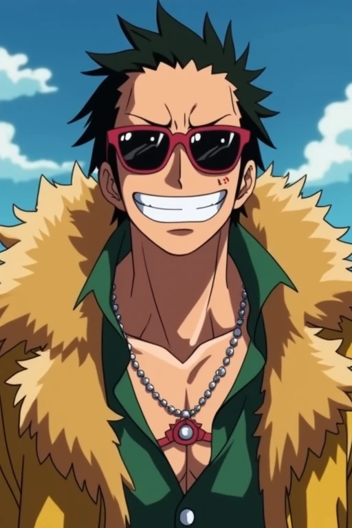 anime character with sunglasses and a fur coat with a smile, from one piece, afrofuturism anime, dandy from space dandy anime, screenshot from guro anime, in the anime film, nicholas cage as monkey d luffy, gyro zeppeli, eiichiro oda style, jotaro kujo, screenshot from the anime film, screenshot from black clover, in a anime masterpiece