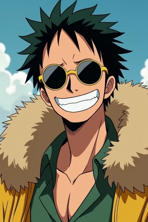 anime character with sunglasses and a fur coat with a smile, from one piece, afrofuturism anime, dandy from space dandy anime, screenshot from guro anime, in the anime film, nicholas cage as monkey d luffy, gyro zeppeli, eiichiro oda style, jotaro kujo, screenshot from the anime film, screenshot from black clover, in a anime masterpiece
