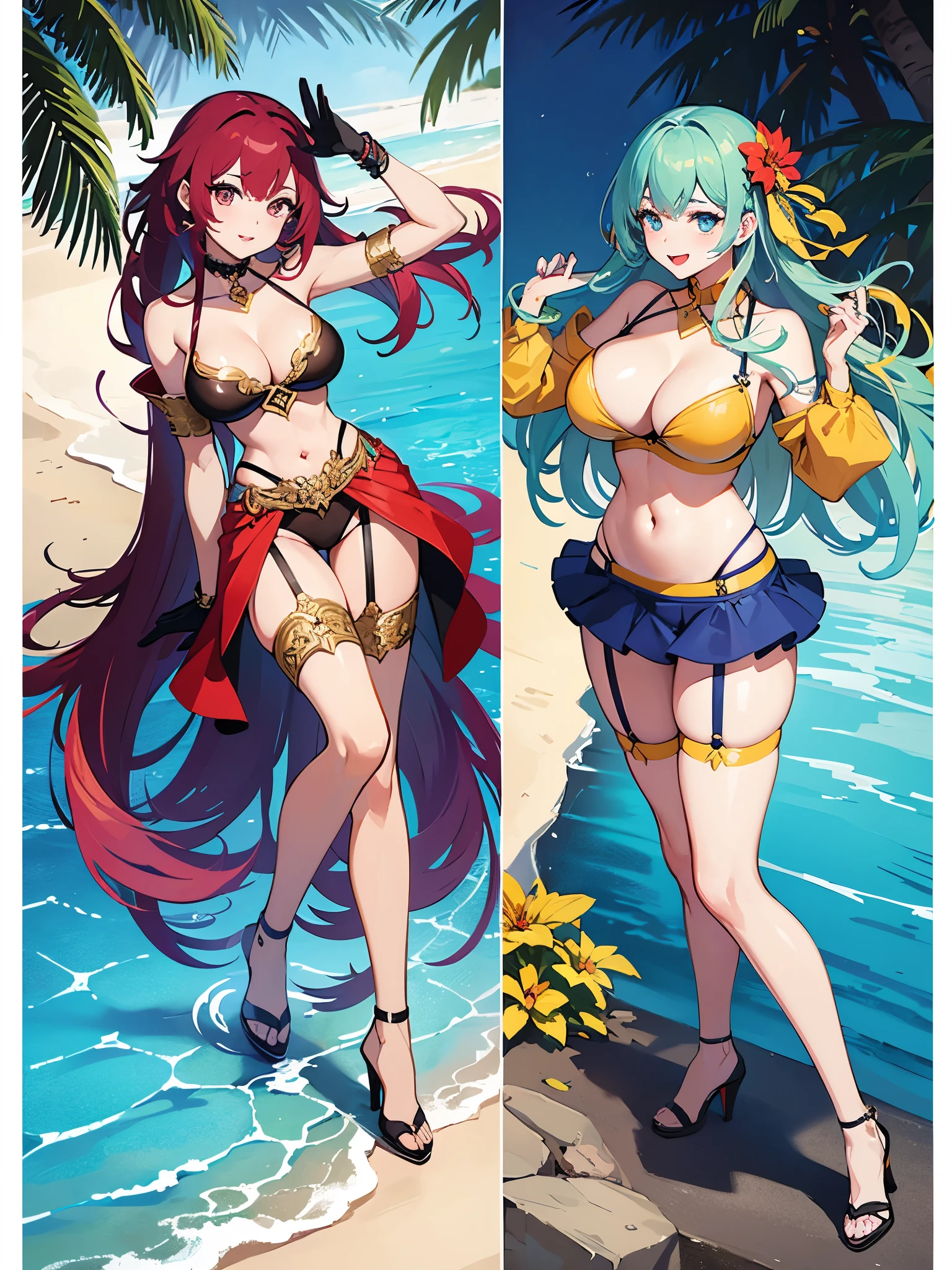 High definition、Highest quality、Skin like in the picture、Flowing hair texture、Red lips、G-cup bust、Smiling Beauty、Blue and gold summer clothing、On a private beach、Colorful garter belts and fishnet stockings、A woman being covered in a large amount of milky liquid、vibrator、Navel exposed、Short skirt、T-back shorts、whole body、Beautiful woman in standing pose、Thighs、Cleavage、stiletto heels、Nice body、