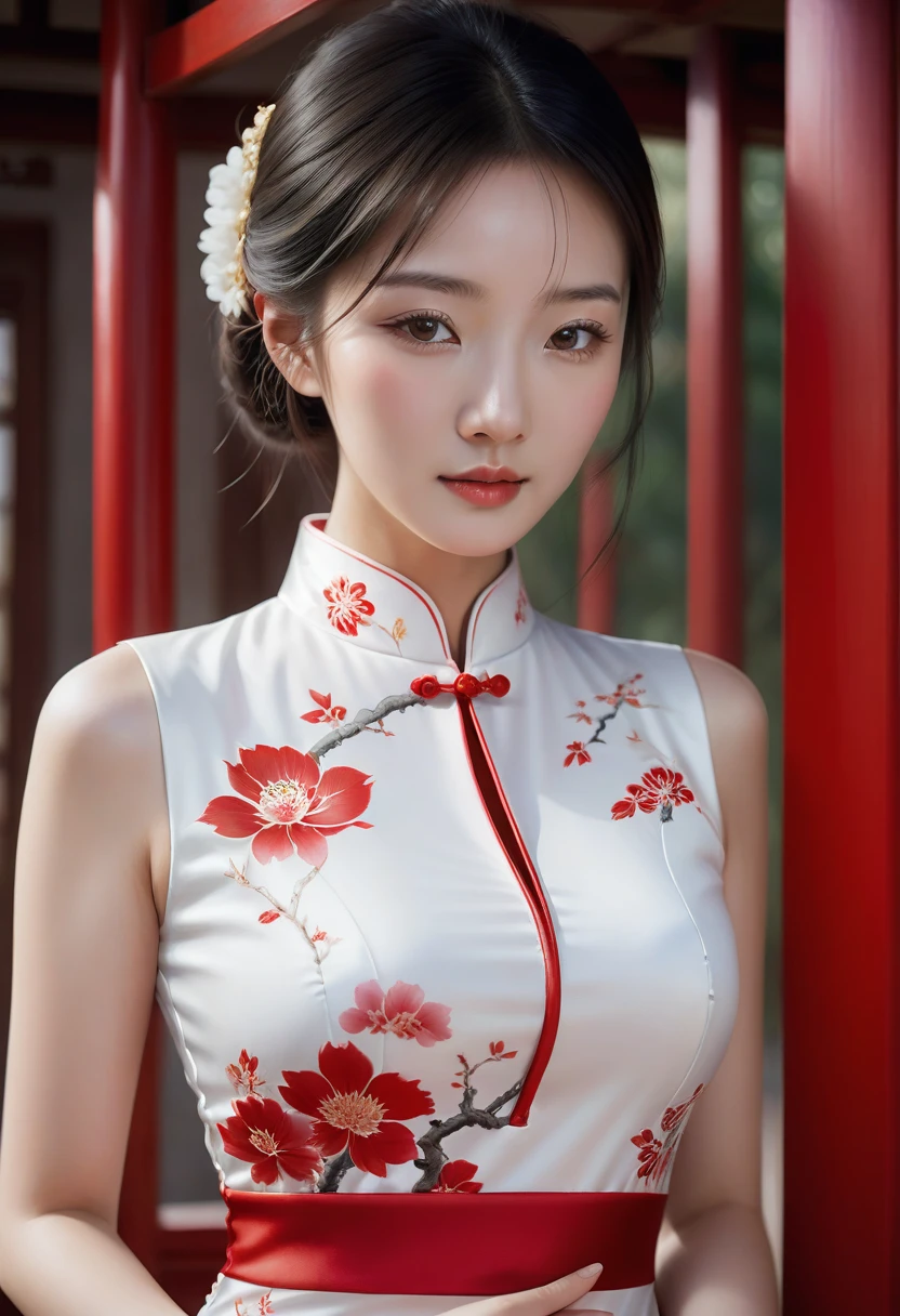 Close-up of a woman in a white dress posing for a photo, A photorealistic painting inspired by Dai Xi, Trends in CG society, fantastic realism, cheongsam, Chinese style, chinese dress, beautiful chinese model, wearing a red cheongsam, Chinese woman, Chinese woman, plain white fitted suit, chinese suit, traditional Chinese, traditional Chinese clothing