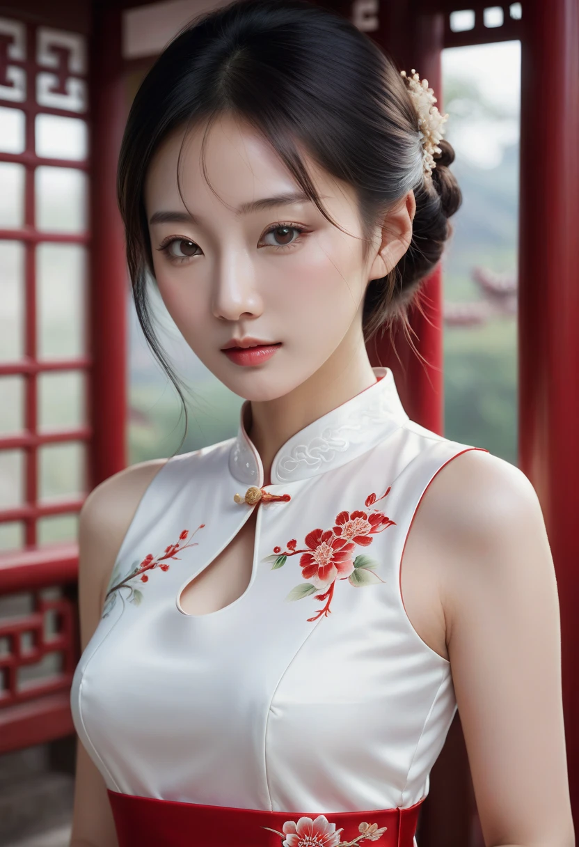 Close-up of a woman in a white dress posing for a photo, A photorealistic painting inspired by Dai Xi, Trends in CG society, fantastic realism, cheongsam, Chinese style, chinese dress, beautiful chinese model, wearing a red cheongsam, Chinese woman, Chinese woman, plain white fitted suit, chinese suit, traditional Chinese, traditional Chinese clothing