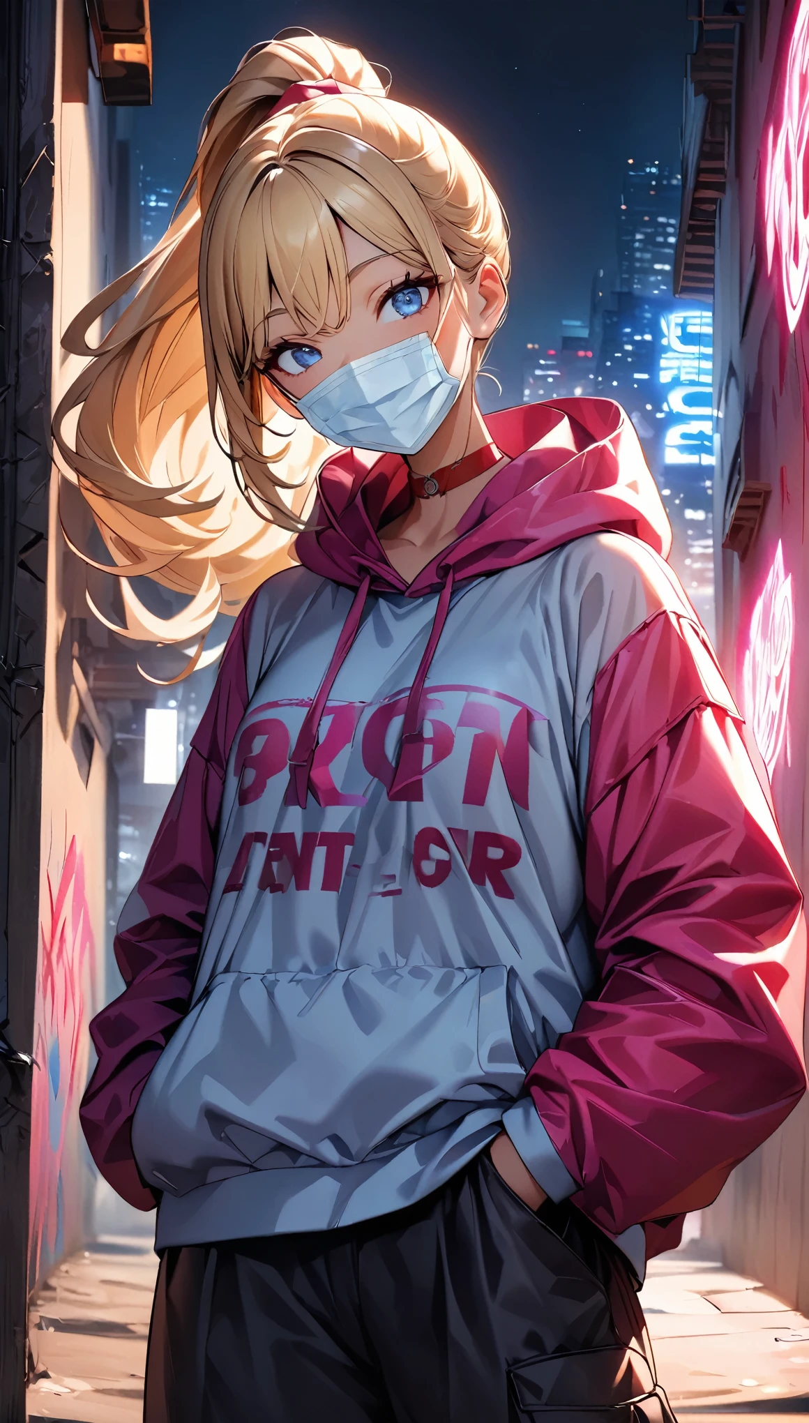 (Highest quality:1.2, Very detailed, up to date, Vibrant, Ultra-high resolution, High Contrast, masterpiece:1.2, Highest quality, Best aesthetics), (((1 person))), Blonde girl, blue eyes, ponytail, at night, surgical maskの着用, (surgical mask:1.2), Colorful hoodies, Black oversized cargo pants, Red choker, 壁一面を埋め尽くしているgraffiti, Posing in front of a wall, crazy smile, Dark Theme, Neon Light, graffiti, at night, city, Dim lighting, mysterious, Glowing Skin, Random Pause:1.2, Perfect Fingers, Five Fingers, Anatomically correct, Background Blur.