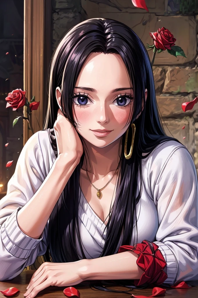 Highest quality, masterpiece, Very detailed,(((One person)), ((Rose)), (vine), cage, bandage, Red rope, (Detail Light), falling Rose petals, Boa Hancock,, (masterpiece:1.5), Detailed Photos, smile,(8k, Realistic, Highest quality: 1.4), (One person), Beautiful Face, (Anime realistic face), (Black Hair, Long Hair: 1.3), Beautiful hairstyle, Realistic eyes, Beautiful details in the eyes, (Realistic Skin), Beautiful Skin, (sweater), Absurd, Charm, 超High resolution, Ultra-realistic, High resolution, Golden Ratio,NSFW erotic pose,blush,smile