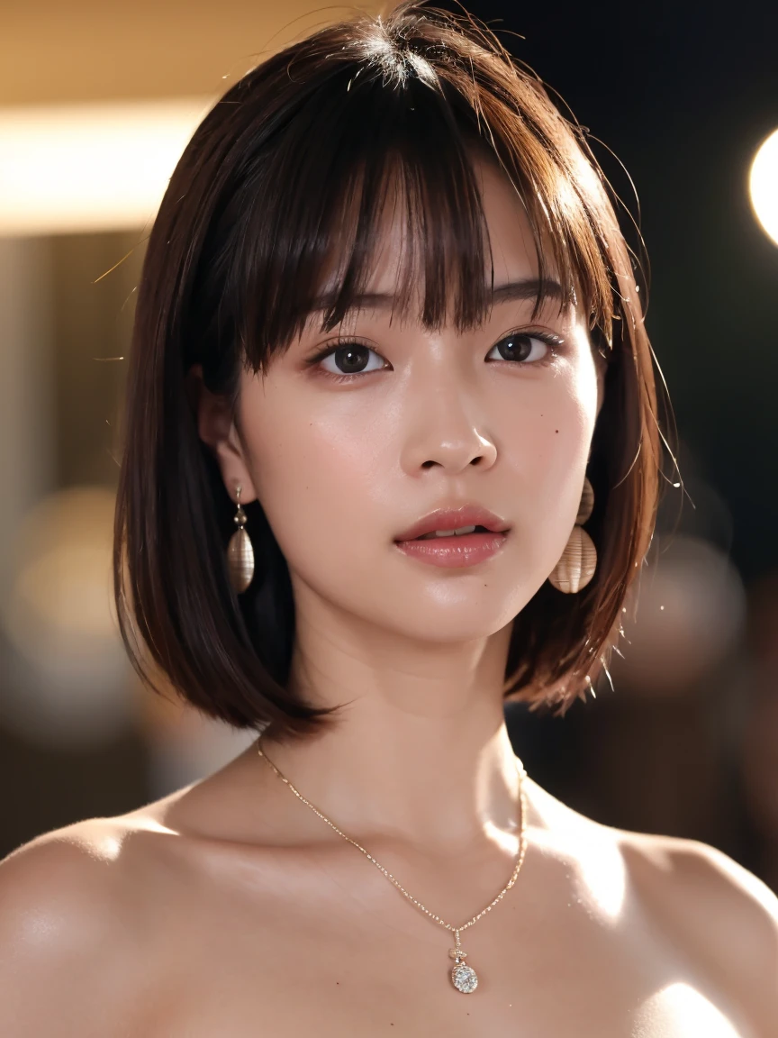 masterpiece:1.2, Very detailed, Ultra-high resolution, Realistic, photo Realistic:1.6, High-resolution RAW color photos, Professional photos, Sharp focus:1.2, Very detailed顔と肌の質感, Very beautiful eyes, Glossのある肌, Glowing Skin, Glowing Skin, Shining Face, Gloss, Oily skin, greasy face, Oily skin, greasy face,, real Glossのある肌 texture, Perfect Anatomy, Very detailed背景,(Beach at night),1 female,25-year-old woman, Japanese women,height: 168cm,short hair, Straight hair, bangs, Brown Hair,Flat Chest:1.6,Slender legs, ,Luxury earrings、Super high-end necklace、(nude)