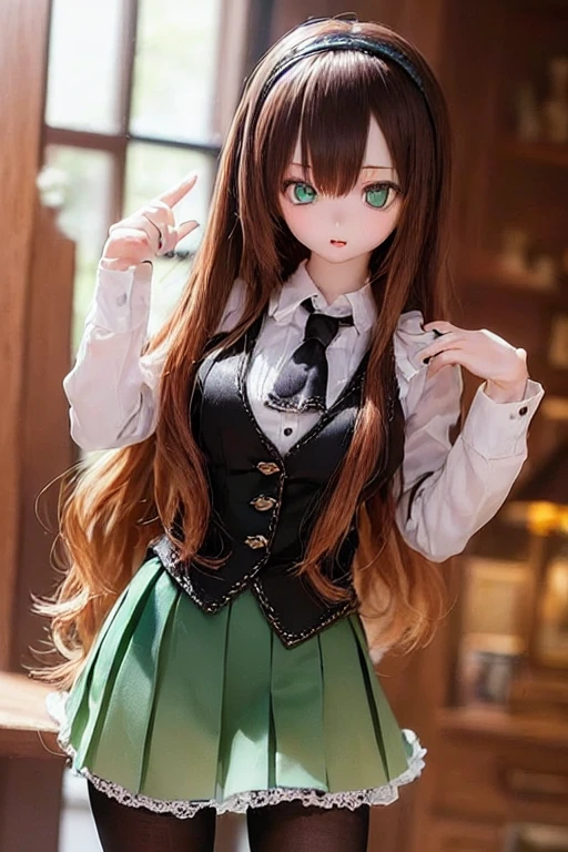 (SFW:2), photorealistic, realistic photo, 8k, ((highest quality)), ((masterpiece)), (extremely detailed), kukolnydom, doll, (mature woman, 21yo, 21 years old, solo:1.6), ((cowboy shot, contrapposto, slim, slender, skinny, medium breasts, hairband, ascot, vest, dress shirt, pleated skirt, black pantyhose)), (green eyes, brown hair, long hair, plastic skin, looking at another, glass eyes, gradient eyes, shining eyes, detailed eyes:1.3)