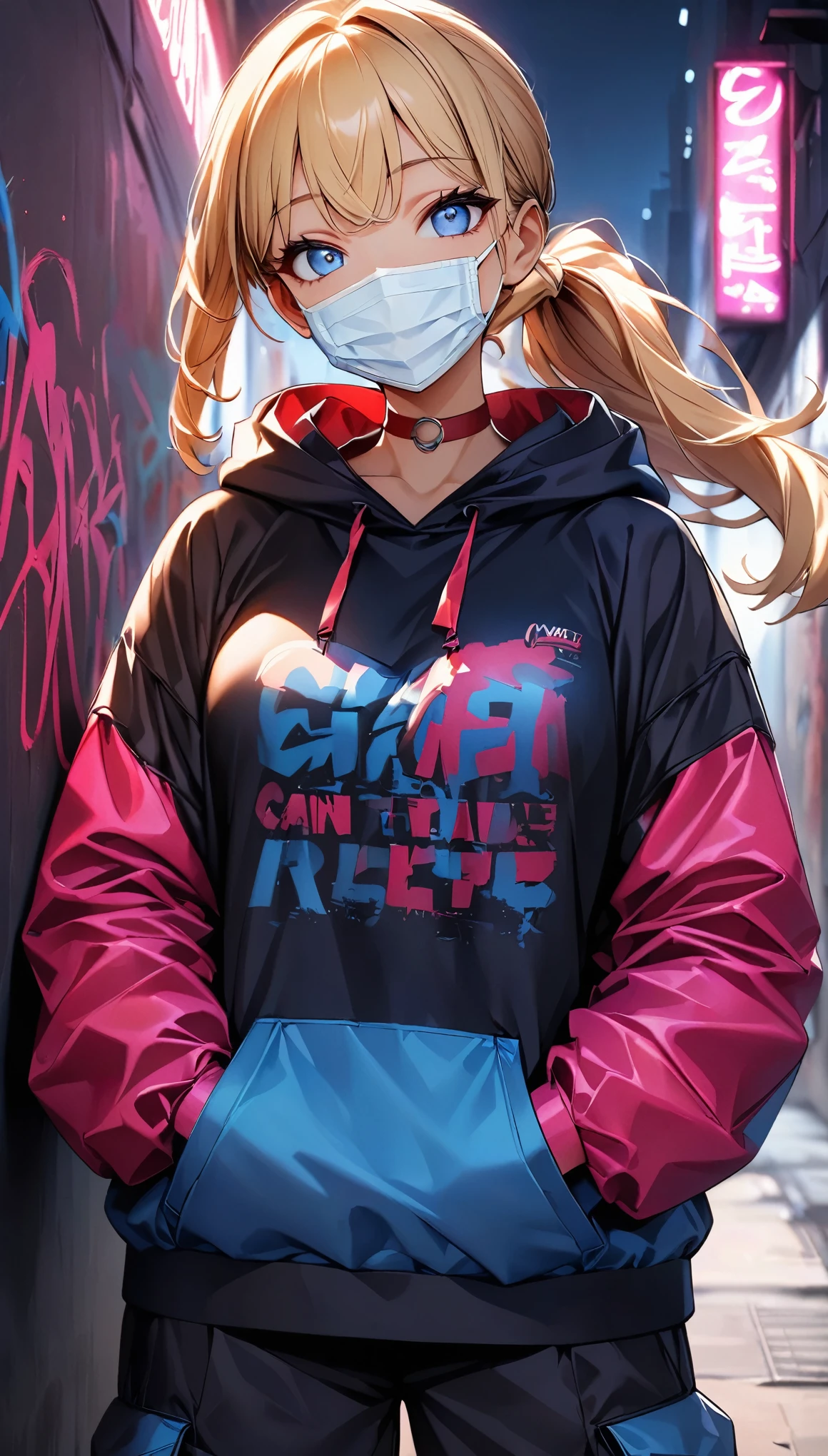 (Highest quality:1.2, Very detailed, up to date, Vibrant, Ultra-high resolution, High Contrast, masterpiece:1.2, Highest quality, Best aesthetics), (((1 person))), Blonde girl, blue eyes, ponytail, at night, surgical maskの着用, (surgical mask:1.2), Colorful hoodies, Black oversized cargo pants, Red choker, 壁一面を埋め尽くしているgraffiti, Posing in front of a wall, crazy smile, Dark Theme, Neon Light, graffiti, at night, city, Dim lighting, mysterious, Glowing Skin, Random Pause:1.2, Perfect Fingers, Five Fingers, Anatomically correct, Background Blur.