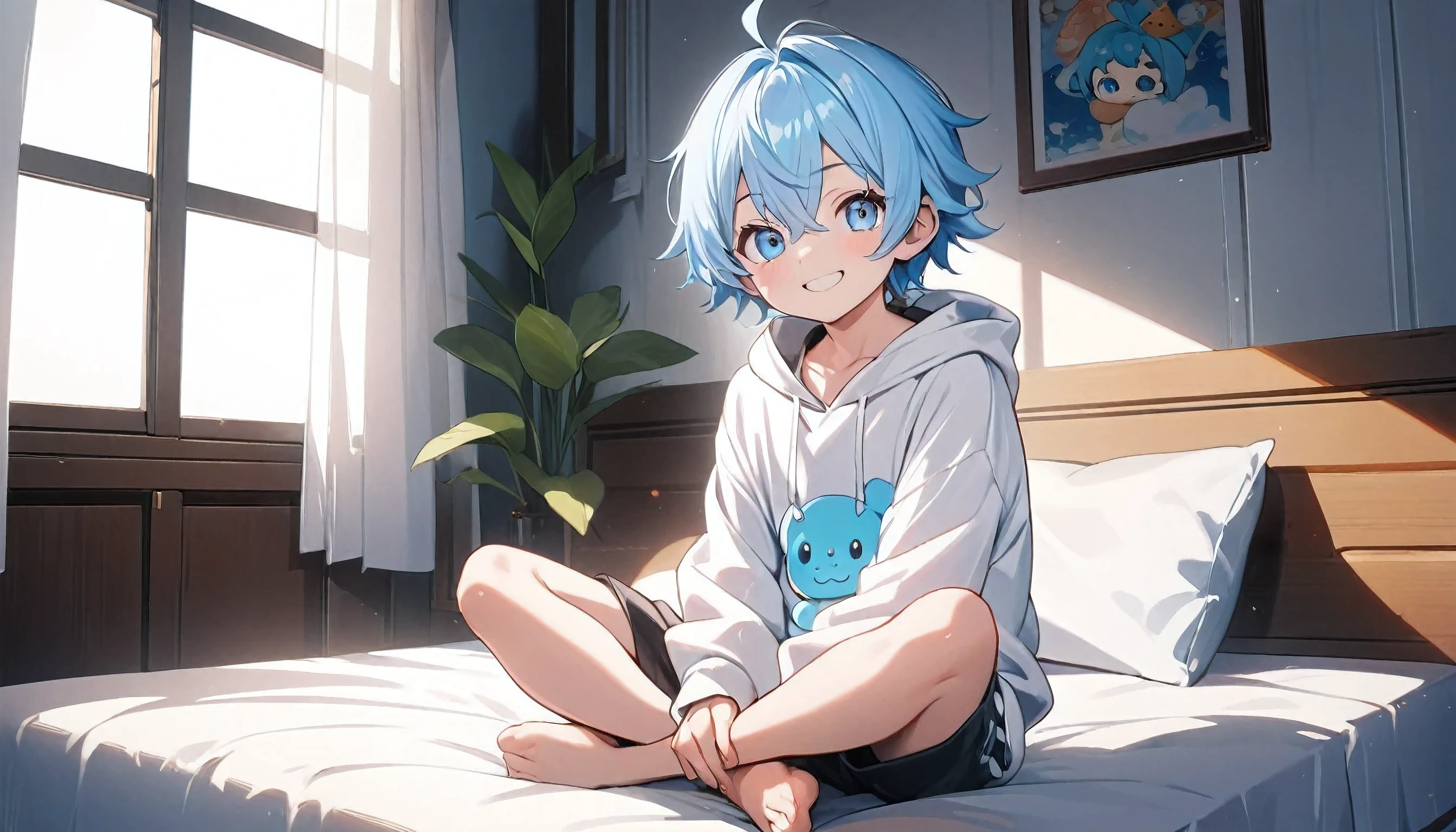 1 boy, (lettle boy), cute, kawaii, light blue hair, blue hair, shiny eyes, smiling face, white colors hoodie, black colors cotton shorts, bedroom, sitting, on bed, indian style crossed ankles, full body shot, window, perfect light detailed face, detailed eyes, detailed hair, high quality, best quality, high resolution, masterpiece, 8k quality, from front, looking at viewer,