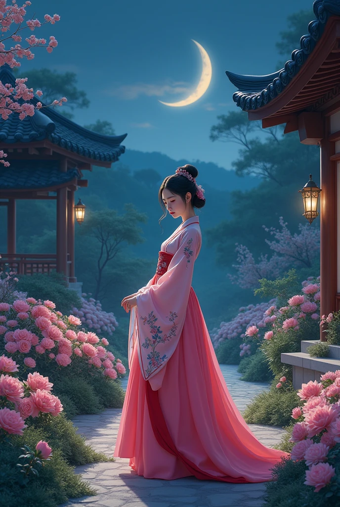 best quality, High target_solve, clearly_image, Detailed background ,girl, Hanbok,flower,flower园,moon, night,