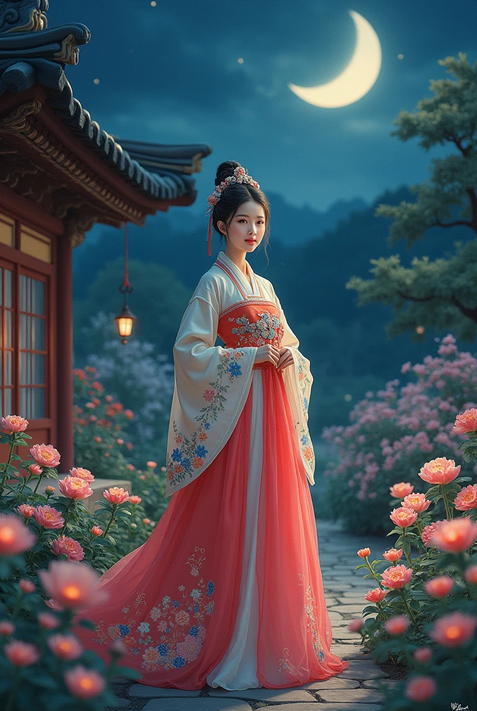 best quality, High target_solve, clearly_image, Detailed background ,girl, Hanbok,flower,flower园,moon, night,
