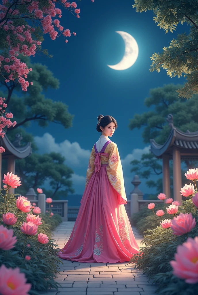 best quality, High target_solve, clearly_image, Detailed background ,girl, Hanbok,flower,flower园,moon, night,