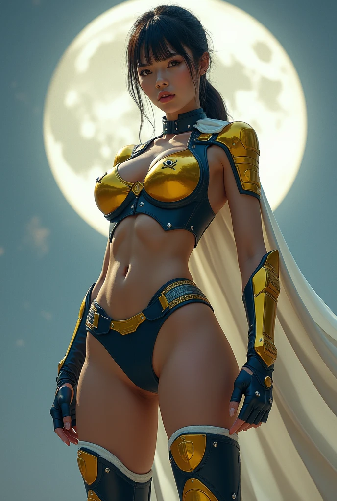 Female, age 25-30, japanese, dark hair, low ponytail, tanned skin, muscle, curvy, full body shot, costume: gold domino mask, gold choker, white cape, spandex, sleeveless white suit with navy sides, up side down yellow triangle symbol, belly cutout, yellow undies, thighs out, white thigh-high socks, yellow boots, yellow fingerless gloves, white shooter sleeves, metal accents, moon background