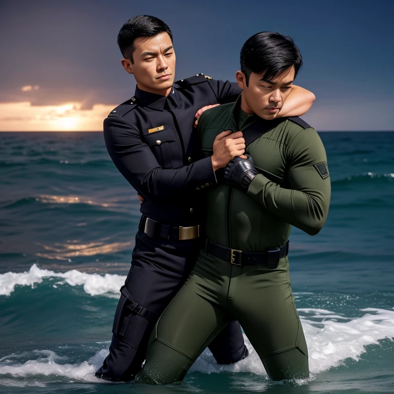 30 years old,Two Men,、Dark green military uniform、Shocker Belt、Black gloves、Brown boots、With a handgun on his hip、In the sea、Surrounding explosions and blast waves　logic, ,Black Hair。Pretty short and even shorter short hair、Handsome soldier　Asian Face　The crotch area of my pants is bulging　Fighting a man in a black full-body suit