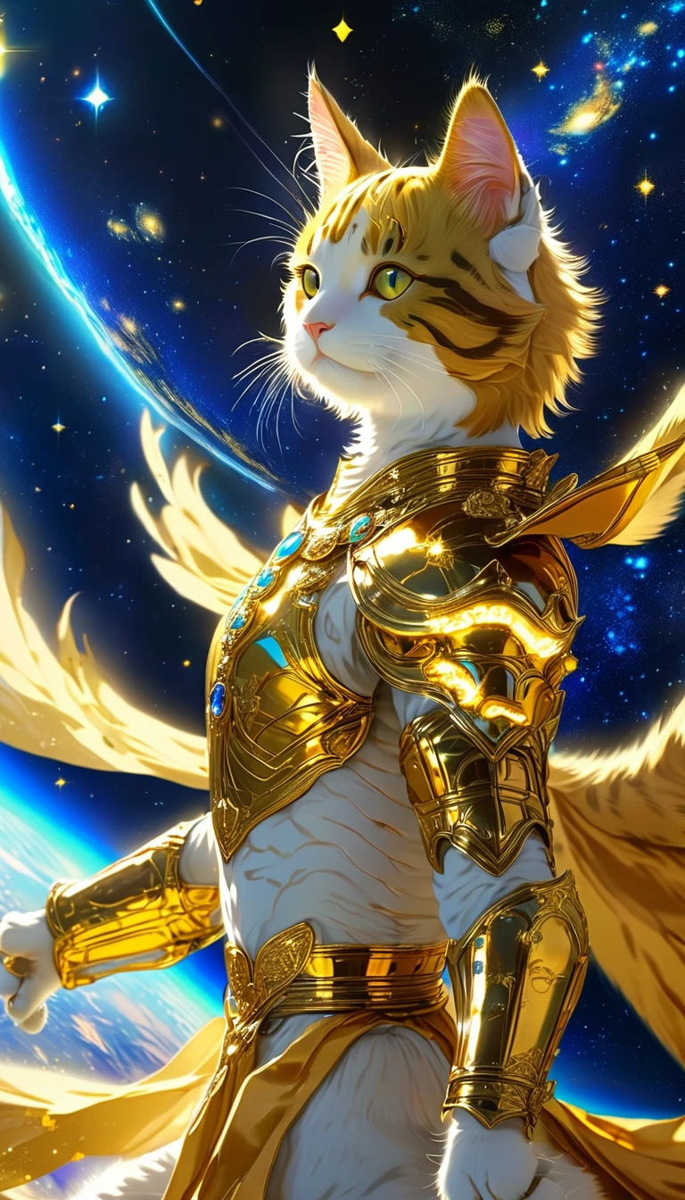 ((8k)), Highest quality, 超High resolution, (High resolution),A cat dressed in the costume of the Golden Saints from the anime Saint Seiya, It drifts through the vast expanse of space. The cat's armor shines, Surrounding stars々Reflect