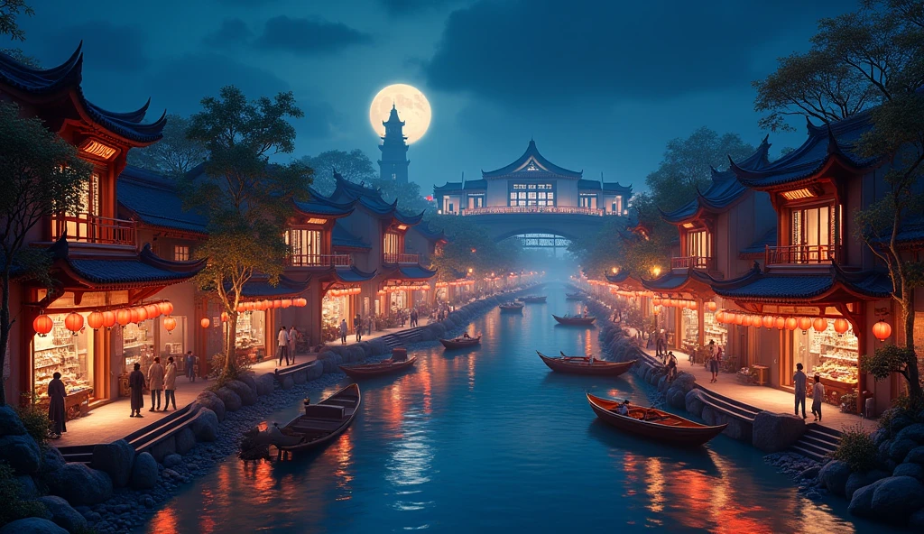 masterpiece, top-quality, depth of fields, high details, 8K, anime a night scene of china town, lots of shop outlets, chinese lanterns, detailed background, high angle view, beside a river, wooden boats, a huge bridge, moon