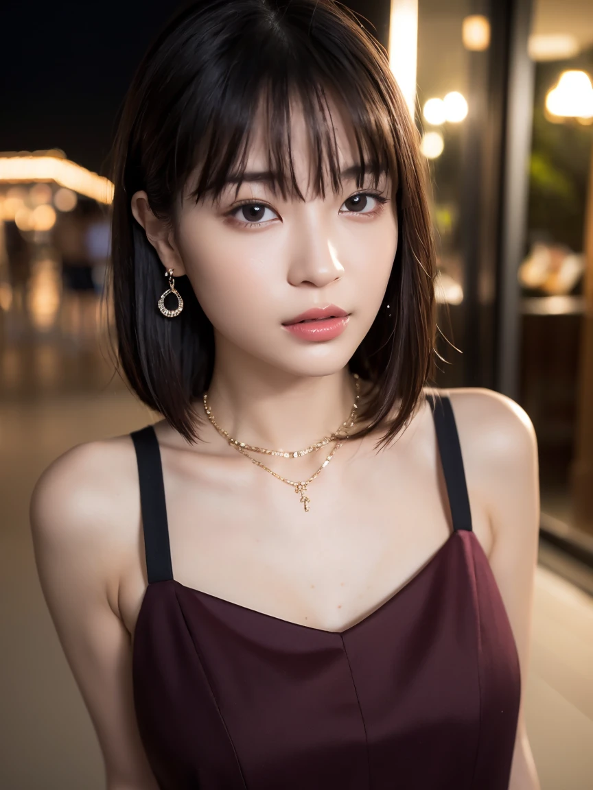 masterpiece:1.2, Very detailed, Ultra-high resolution, Realistic, photo Realistic:1.6, High-resolution RAW color photos, Professional photos, Sharp focus:1.2, Very detailed顔と肌の質感, Very beautiful eyes, Glossのある肌, Glowing Skin, Glowing Skin, Shining Face, Gloss, Oily skin, greasy face, Oily skin, greasy face,, real Glossのある肌 texture, Perfect Anatomy, Very detailed背景,(Luxury resort at night),1 female,25-year-old woman, Japanese women,height: 168cm,short hair, Straight hair, bangs, Brown Hair,Flat Chest:1.6,Slender legs, ,Luxury earrings、Super high-end necklace