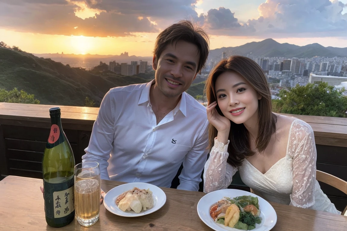 ((Highest quality、8k、masterpiece:1.3))、 (Genuineistic, Genuine、Bright image、Intricate details:1.2), 最高のsmile 男性1人 女性1人、美しいCouple、spouse、Relatives and friends、actress Couple、Couple、モデルCouple、smile、Full-course dinner at a packed table、テーブルにwine glass、 (Slim face), (the body is slim), (Brown Hair), (short hair), Please shine a light on my face、 Amazing view of the sunset sky and clouds、 (age 34), 38 years old, red wine 、Appetizers、Wine bottle、sparkling wine、Long sleeve shirt、dress、White wine, red wine, wine glass, 
