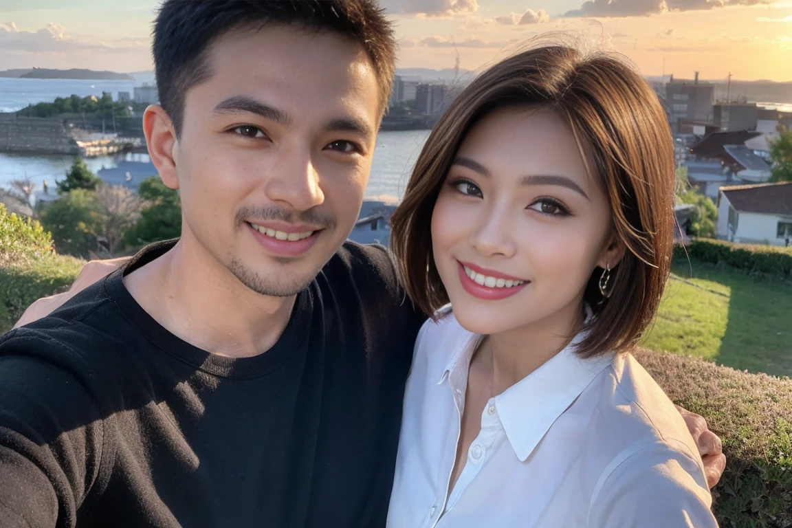 ((Highest quality、8k、masterpiece:1.3))、Izakaya、Japanese sake、Slim Couple、Model Couple、(Realistic, Intricate details:1.2), Japanese sake、One liter bottle、Japanese food、Buckwheat、Japanese sake、Shochu 、Amazing view of the sunset sky and clouds、A bright smile、The wonderfulness of smiles、Bright image、Beautiful Face, blue eyes, The light shines on your face, blush, short hair,Bright Face、 (Age 37), 39 years old, Brown Hair、Shortcuts、Long sleeve shirt、dress、Beautiful woman